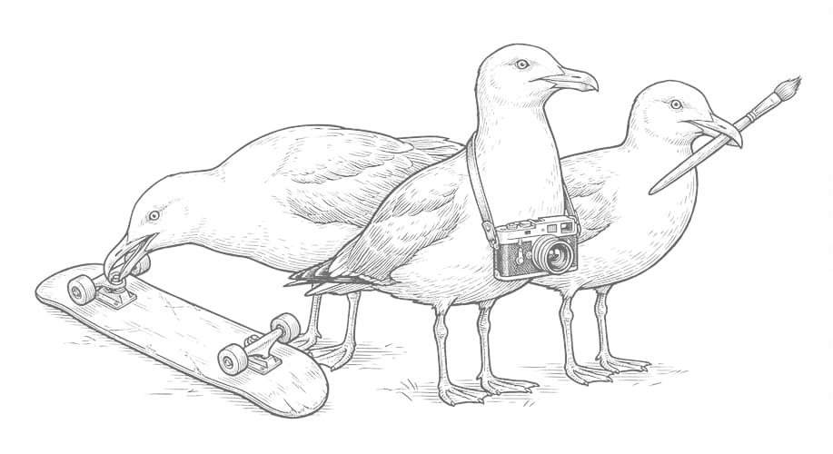 Seagulls with a skateboard, camera and paintbrush