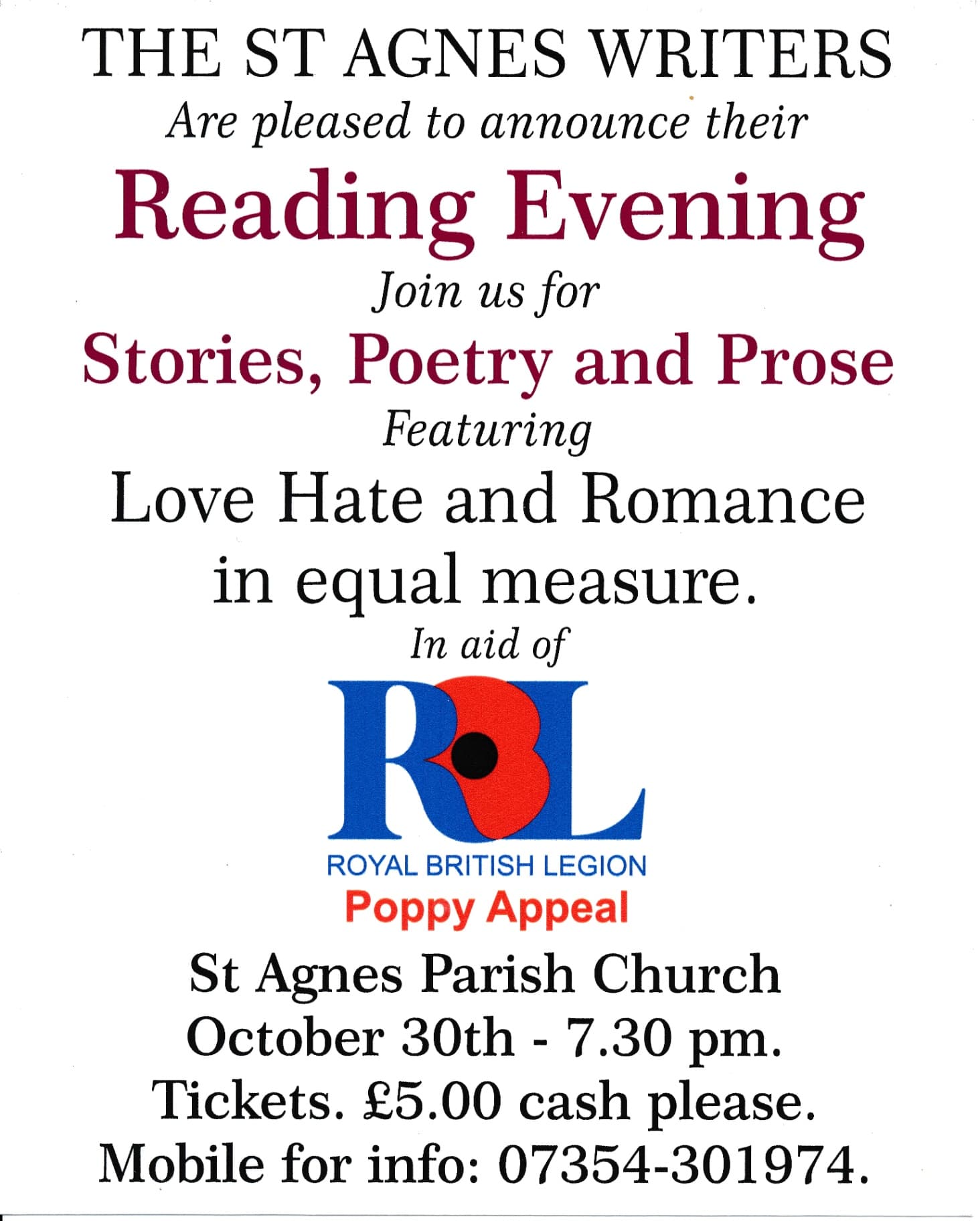 THE ST AGNES WRITERS Reading Evening